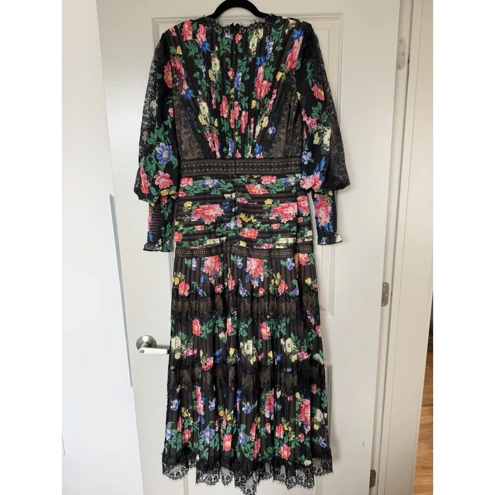 TADASHI SHOJI Lorely Floral Maxi Gown Balloon Sleeves V Neck Lace Black Size 8 - Picture 6 of 11